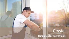 Presentation with house window - Theme having office renovation - construction worker repairing window background and a coral colored foreground
