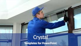  Presentation with office renovation - Slides having office renovation - construction worker repairing window background and a ocean colored foreground