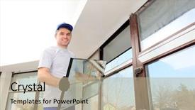  Presentation with house window - PPT layouts featuring office renovation - construction worker repairing window background and a mint green colored foreground