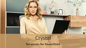  Presentation with laptop - Colorful presentation design enhanced with office room - beautiful business woman sitting backdrop and a yellow colored foreground