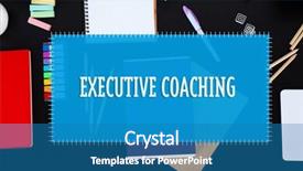  Presentation with coaching - Slide set enhanced with office set with stationery and notebooks on a table executive coaching concept background and a teal colored foreground