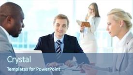  Presentation with listening - PPT theme featuring office sharing - portrait of confident boss listening background and a ocean colored foreground