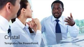  Presentation with employees rights - Theme featuring office sharing - portrait of serious boss talking background and a light blue colored foreground