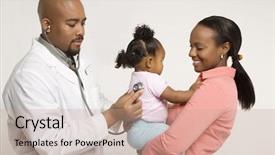  Presentation with baby sick - Presentation with office sick - african-american male pediatrician examining baby background and a coral colored foreground