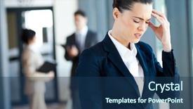  Presentation with headache - Cool new slide deck with office sick - young businesswoman having headache backdrop and a ocean colored foreground