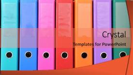  Presentation with files - Colorful PPT theme enhanced with office stationery store - files on the shelf backdrop and a coral colored foreground