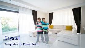  Presentation with office room - Slides enhanced with office suite - happy brothers at living room background and a sky blue colored foreground