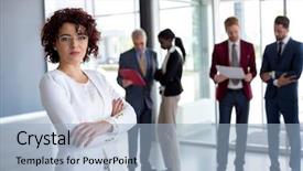  Presentation with work reunion - Presentation theme with office suite - portrait of young businesswoman background and a light blue colored foreground