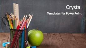  Presentation with school apple - Audience pleasing PPT layouts consisting of office supplies and apple backdrop and a dark gray colored foreground