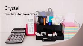  Presentation with calculator - Presentation theme featuring office supplies including a calculator background and a sky blue colored foreground