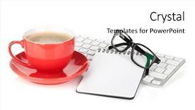  Presentation with coffee cup - Slides having office supplies isolated on white background and a white colored foreground