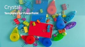  Presentation with blue - Theme featuring office-supplies-on-blue-bakcground background and a teal colored foreground