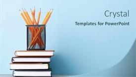  Presentation with front office - PPT theme featuring office-supplies-or-school-items background and a sky blue colored foreground