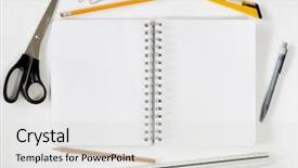  Presentation with open spiral notebook - Theme having office supplies white blank background and a light gray colored foreground
