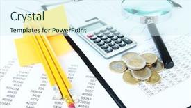  Presentation with money management - PPT theme enhanced with office supplies with money background and a cool aqua colored foreground
