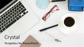  Presentation with desk - Colorful PPT theme enhanced with office supply and laptop isolated backdrop and a light gray colored foreground