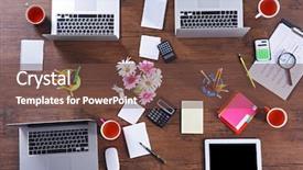  Presentation with meetings - Cool new slide deck with office table for meetings top backdrop and a tawny brown colored foreground