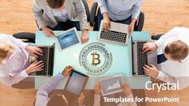  Presentation with finance computers - PPT layouts consisting of office table from top background and a coral colored foreground