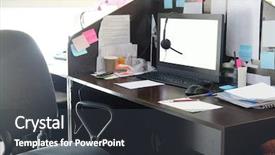  Presentation with furniture - Audience pleasing slide deck consisting of office table with pc backdrop and a dark gray colored foreground