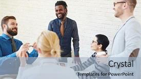  Presentation with african american men - Audience pleasing PPT theme consisting of office talking and telling backdrop and a light blue colored foreground