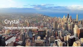  Presentation with city chicago - Colorful presentation theme enhanced with office tower - chicago downtown aerial panorama view backdrop and a gray colored foreground