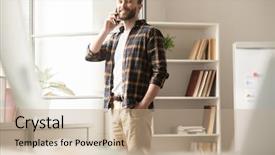  Presentation with office ergonomics man worker exercising - Presentation design having office while talking to someone background and a  colored foreground