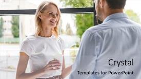  Presentation with cup coffee - PPT layouts enhanced with couple of smiling colleagues talking background and a light gray colored foreground