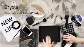  Presentation with wooden desk cup - Cool new slides with office wooden desk table with mobile and tablet supplies and coffee cup top view with copy space backdrop and a mint green colored foreground