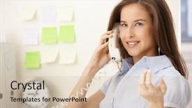  Presentation with worker - Amazing PPT theme having office worker girl on landline backdrop and a soft green colored foreground