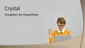  Presentation with front office - Audience pleasing PPT theme consisting of office worker in front of laptop grey background backdrop and a light gray colored foreground