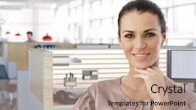  Presentation with aged - Cool new slide deck with cubicles - portrait of middle aged female backdrop and a coral colored foreground