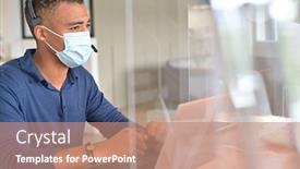  Presentation with face mask - Cool new PPT theme with office-worker-in-open-space backdrop and a coral colored foreground