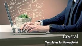  Presentation with help desk - Slides with office worker sending emails and communication with clients with the help of a portable laptop on desk concept background and a dark gray colored foreground