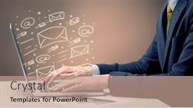  Presentation with help desk - Colorful presentation enhanced with office worker sending emails and communication with clients with the help of a portable laptop on desk concept backdrop and a coral colored foreground