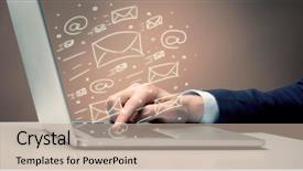  Presentation with help desk - Audience pleasing PPT theme consisting of office worker sending emails and communication with clients with the help of a portable laptop on desk concept backdrop and a coral colored foreground