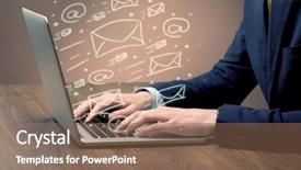  Presentation with help desk - Colorful presentation theme enhanced with office worker sending emails and communication with clients with the help of a portable laptop on desk concept backdrop and a coral colored foreground