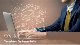  Presentation with help desk - PPT layouts featuring office worker sending emails and communication with clients with the help of a portable laptop on desk concept background and a coral colored foreground