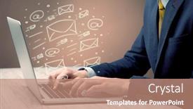  Presentation with help desk - Slide deck consisting of office worker sending emails and communication with clients with the help of a portable laptop on desk concept background and a coral colored foreground