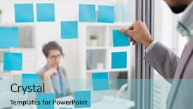  Presentation with notepaper - Beautiful slides featuring office worker sticking notepapers backdrop and a light blue colored foreground