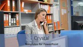  Presentation with worker - Amazing presentation design having office-worker-talking-on-phone backdrop and a teal colored foreground