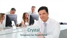  Presentation with employee anniversary work office - Colorful slides enhanced with office worker using electronic tablet backdrop and a  colored foreground