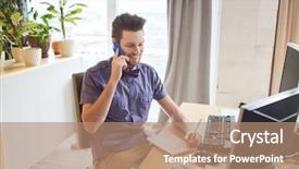  Presentation with business people moving gear - Theme enhanced with office worker with computer calling background and a coral colored foreground