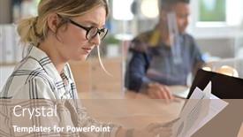  Presentation with area - Beautiful PPT theme featuring office-worker-with-eyeglasses-working backdrop and a coral colored foreground