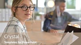  Presentation with area - Presentation design with office-worker-with-eyeglasses-working background and a coral colored foreground