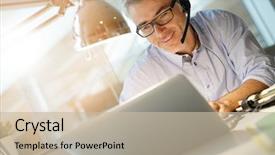  Presentation with video conference - Amazing slide set having office worker with headset backdrop and a soft green colored foreground