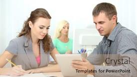  Presentation with employee anniversary work office - Presentation theme featuring office-workers-at-work background and a coral colored foreground