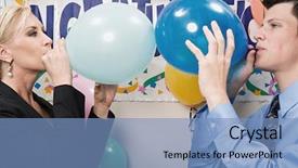  Presentation with office workers - Beautiful PPT theme featuring office workers blowing up balloons backdrop and a  colored foreground