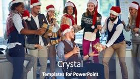  Presentation with office workers - Amazing PPT theme having office workers celebrating winter holidays together at work happy business people in santa hat backdrop and a ocean colored foreground