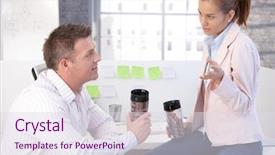  Presentation with office workers - Beautiful PPT layouts featuring office workers having coffee break backdrop and a sky blue colored foreground