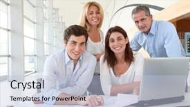  Presentation with office workers - PPT theme with office workers in business meeting background and a light blue colored foreground